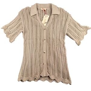 Solitaire Sweater Womens Medium Cardigan Open Knit Beige Short Sleeve Collar